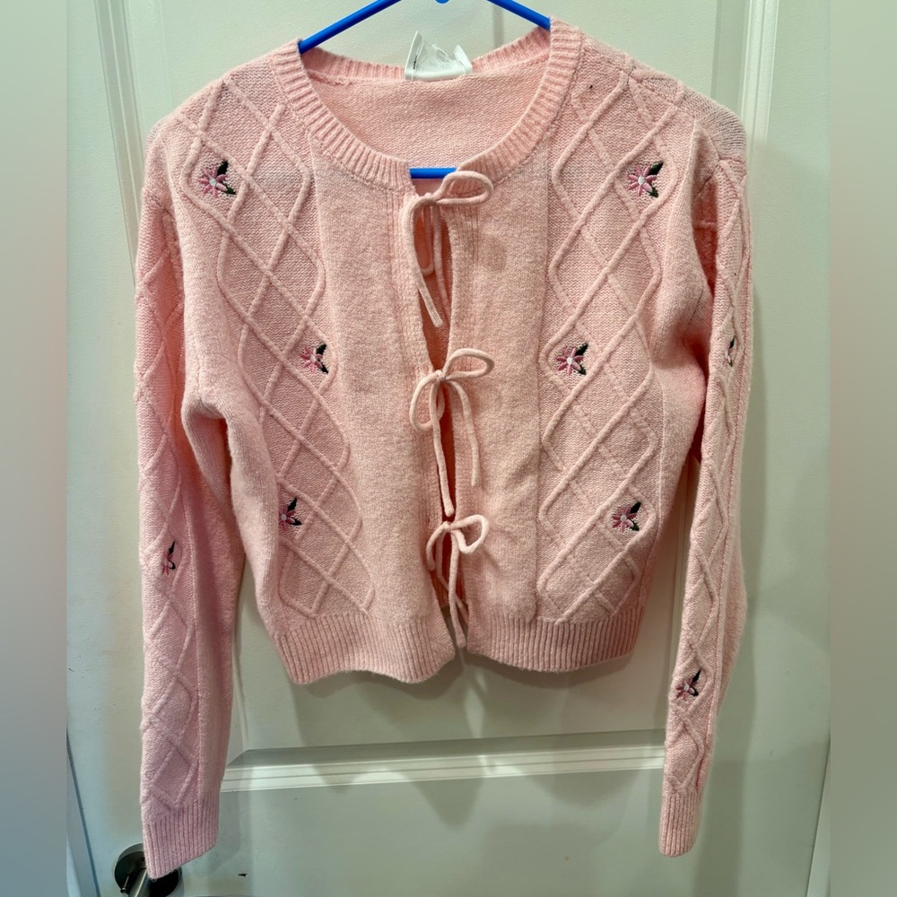 NWT Willow & Wind Pink Floral Knit bow tie Cardigan Sweater - S